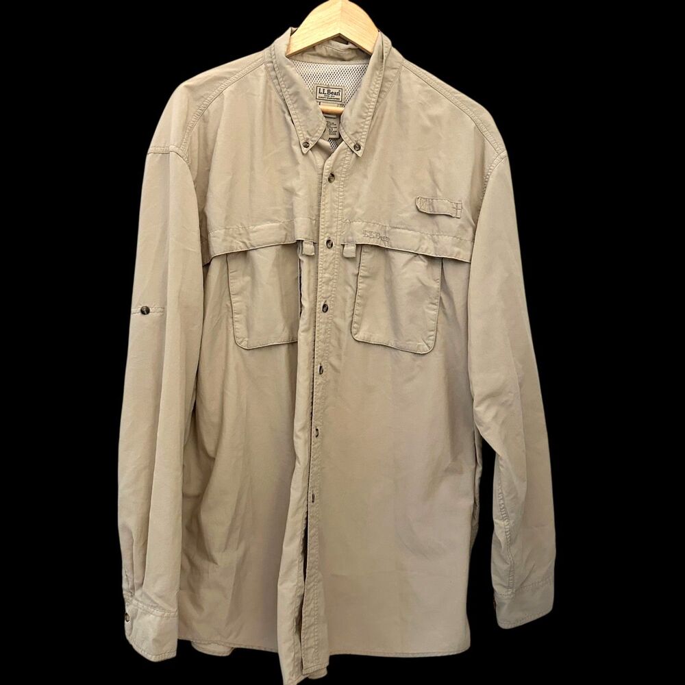 L.L. Bean Beige Button Up Polyester Mesh Lined Gorpocore Fishing‎ Shirt Size XLT